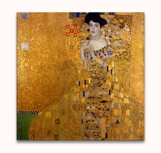 Gustav Klimt – Woman in Gold, hand-painted oil reproduction of a woman in a gilded, geometric dress against a gold-flecked background, ready to hang.