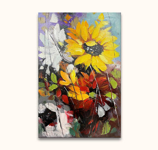 Bloemen uit Lissabon - Olieverf op canvas: Abstract sunflower and daisy floral painting, vibrant blooms, and dynamic brushstrokes. Ideal for nature-inspired interior decor.