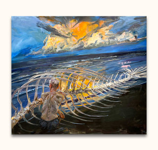 Man by Beached Sperm Whale - Oil on canvas: Impressionistic painting of a kneeling figure grasping a whale skeleton on a beach, under a dramatic sky.
