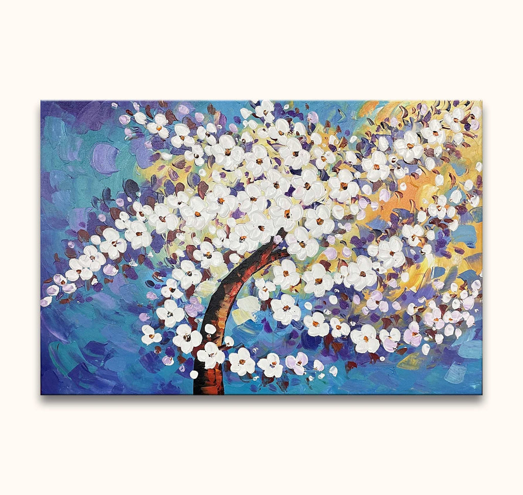 Meidoorn in Bloei – Dikke olieverf op canvas toont een impressionistische tak met witte bloemen, geschilderd met paletmes, op een kleurrijke, abstracte achtergrond.