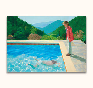 Painting by David Hockney showing two men at a pool in a lush landscape. Hand-painted, ready to hang, perfect for modern art enthusiasts.