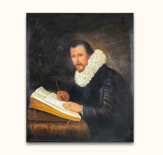 Schilderij Rembrandt van Rijn – Een Leerling: 17e-eeuws portret van geleerde met quill, open folio op tafel, in contemplatieve pose. Handgeschilderd, barokke complexiteit.