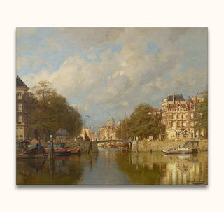 Karel Klinkenberg's oil painting Nabij Leuvehaven, Rotterdam depicts a serene canal scene with boats, brick townhouses, and a stone bridge, reflecting classic Dutch cityscapes.