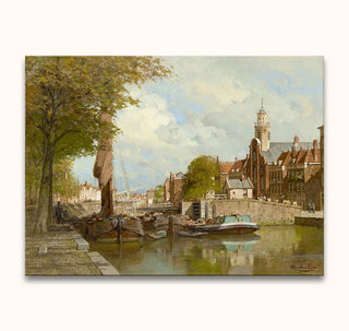 Oil painting by Karel Klinkenberg, depicting a tranquil canal-side scene in old Rotterdam with boats, figures, and historic architecture.
