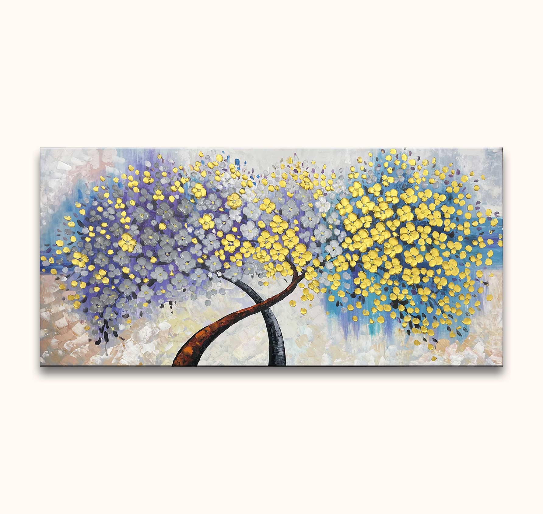 Twee gestileerde bomen vormen een hartachtige twist op canvas. Purper-grijze en gele bloesems, met dikke olieverf. Tree Romance past bij elk interieur.