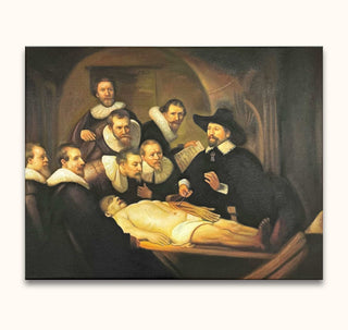 Rembrandt van Rijn – La Conferenza Anatomi: Groep artsen rond een kadaver, Dr. Tulp demonstreert anatomie. Handgeschilderd olieverfschilderij, barokke complexiteit, klaar om op te hangen.