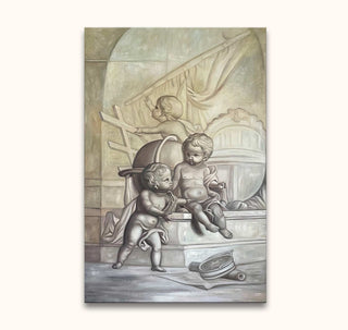 Abraham van Strij's Drie Engelen: three cherubic toddlers play in a classical setting with arches and scholarly props. Oil painting, ready to hang on wood frame.