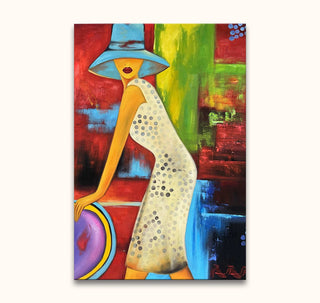 Stylized painting of an anonymous woman in a dotted white dress and blue hat, leaning on a colorful surface. Titled Vrouw met Hoed - Olieverf op canvas.