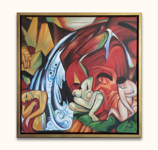 Franz Marc – De Waterval: Abstract painting with warm hues and stylized figures around a central white-blue waterfall. Comes in 60x60cm with gold frame.