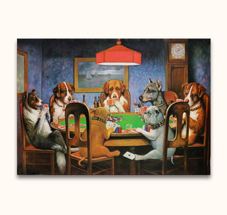 Cassius Marcellus Coolidge - A Friend in Need: Seven dogs playing poker at a green-felt table, painted in pop art style, ready to hang.