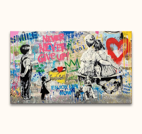 Banksy - 'Revolution on Canvas': Twee kinderen op een bank, graffiti-tekst NEVER NEVER GIVE UP!, vintage stijl met moderne street art elementen. Geschilderd op canvas.