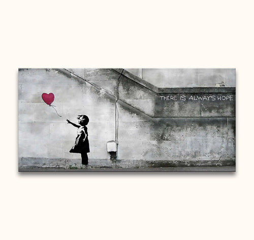 Banksy - There Is Always Hope: Stencilkunstwerk van meisje met rode ballon, handgeschilderd op canvas. Geschikt voor liefhebbers van pop- en street art. Inclusief ophangsysteem.