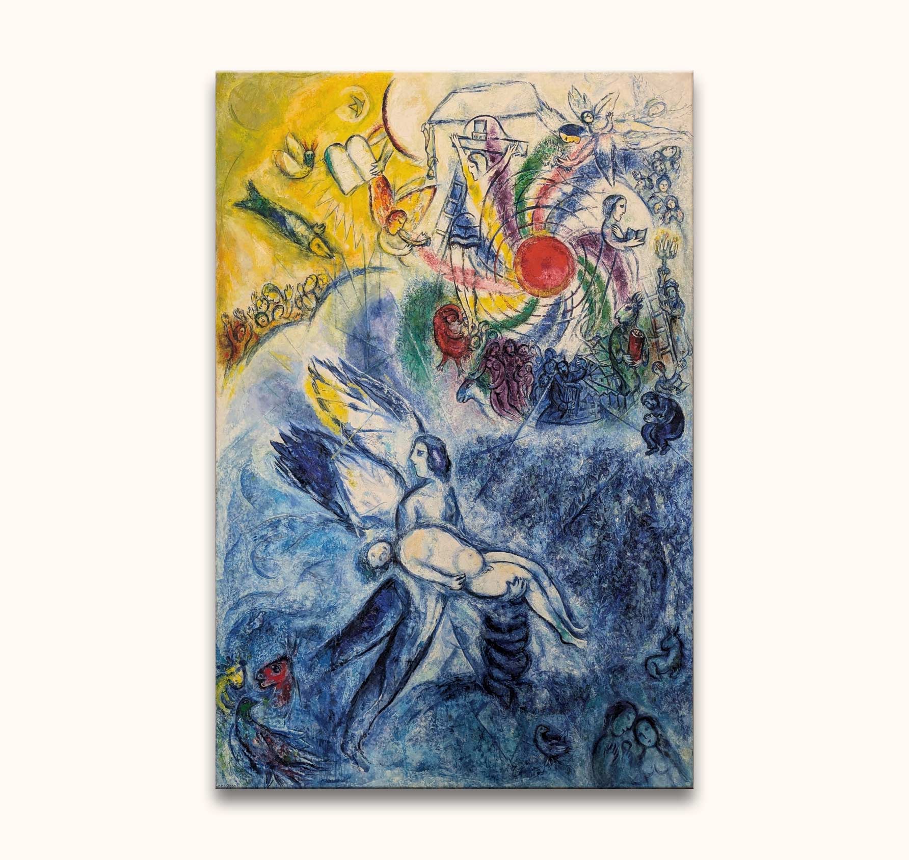 Marc Chagall's La creation de l'homme features a surreal scene with floating figures, vibrant animals, and Judaic symbols, hand-painted on museum-quality canvas.