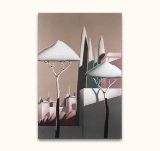 Enrico Lombardi's Il Segreto del Mondo, a serene Mediterranean landscape with umbrella pines and cypress trees, hand-painted on high-quality, UV-protected canvas.