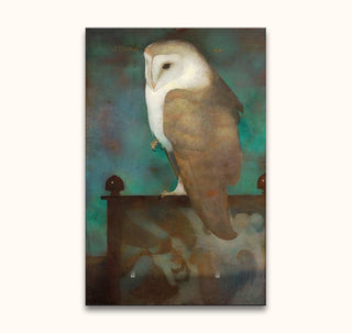 Jan Mankes - Grote Uil op Scherm; stylized barn-owl painting with teal-green backdrop, modern impressionistic style, oil on canvas, ready to hang.