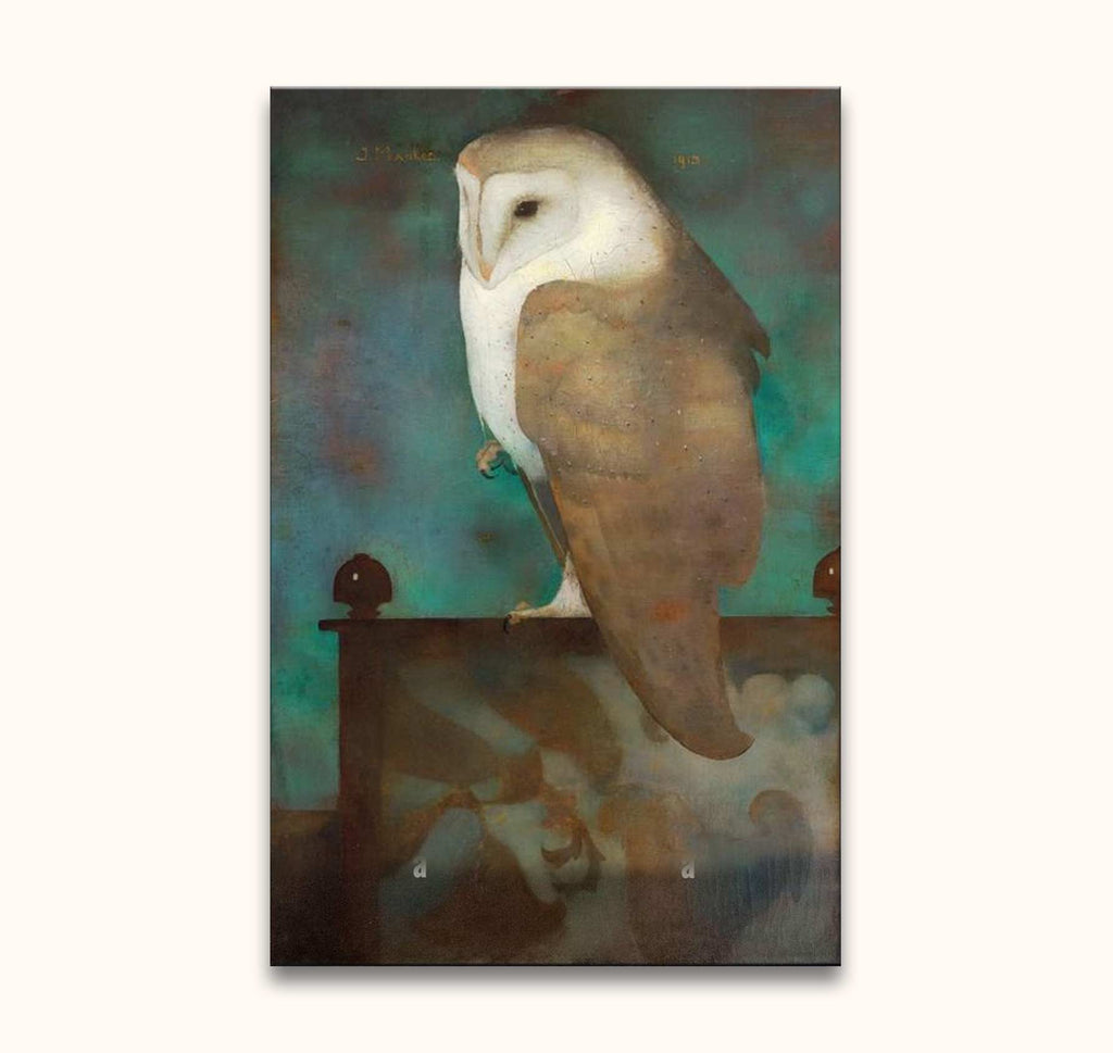 Jan Mankes - Grote Uil op Scherm; stylized barn-owl painting with teal-green backdrop, modern impressionistic style, oil on canvas, ready to hang.