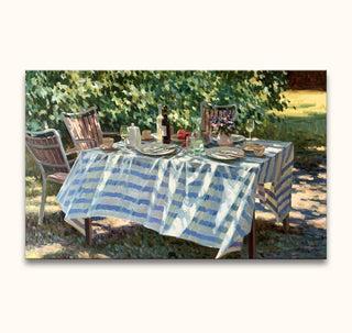Juane Xue's Aangename Zomer captures a sun-dappled garden table set for tea under a leafy tree, showcasing impressionistic realism.