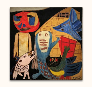Karel Appel - Mens en dieren: Abstract painting depicting stylized figures, including a humanoid, creatures, and a building. Hand-painted, museum-quality oil on canvas.