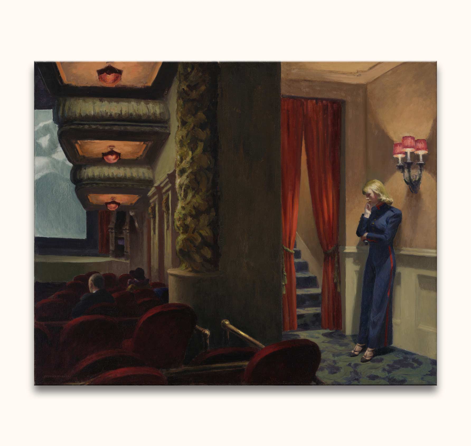 Edward Hopper's 'New York Movie': een oliegeschilderd theaterinterieur met eenzame vrouwelijke usher. Museumkwaliteit, perfect voor moderne kunstliefhebbers.
