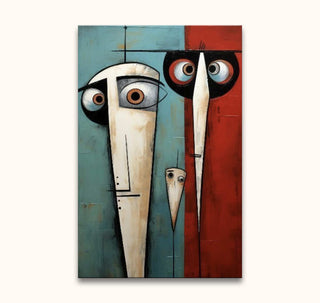 Modern abstract oil painting, Three Faces with Picasso signature style. Features three elongated mask-like figures. Hand-painted on museum-quality canvas.