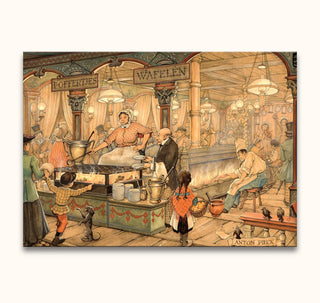 Anton Pieck's Poffertjeskraam depicts a bustling 19th-century Dutch waffle stall with a woman pouring batter, surrounded by children, adults, and a dog.