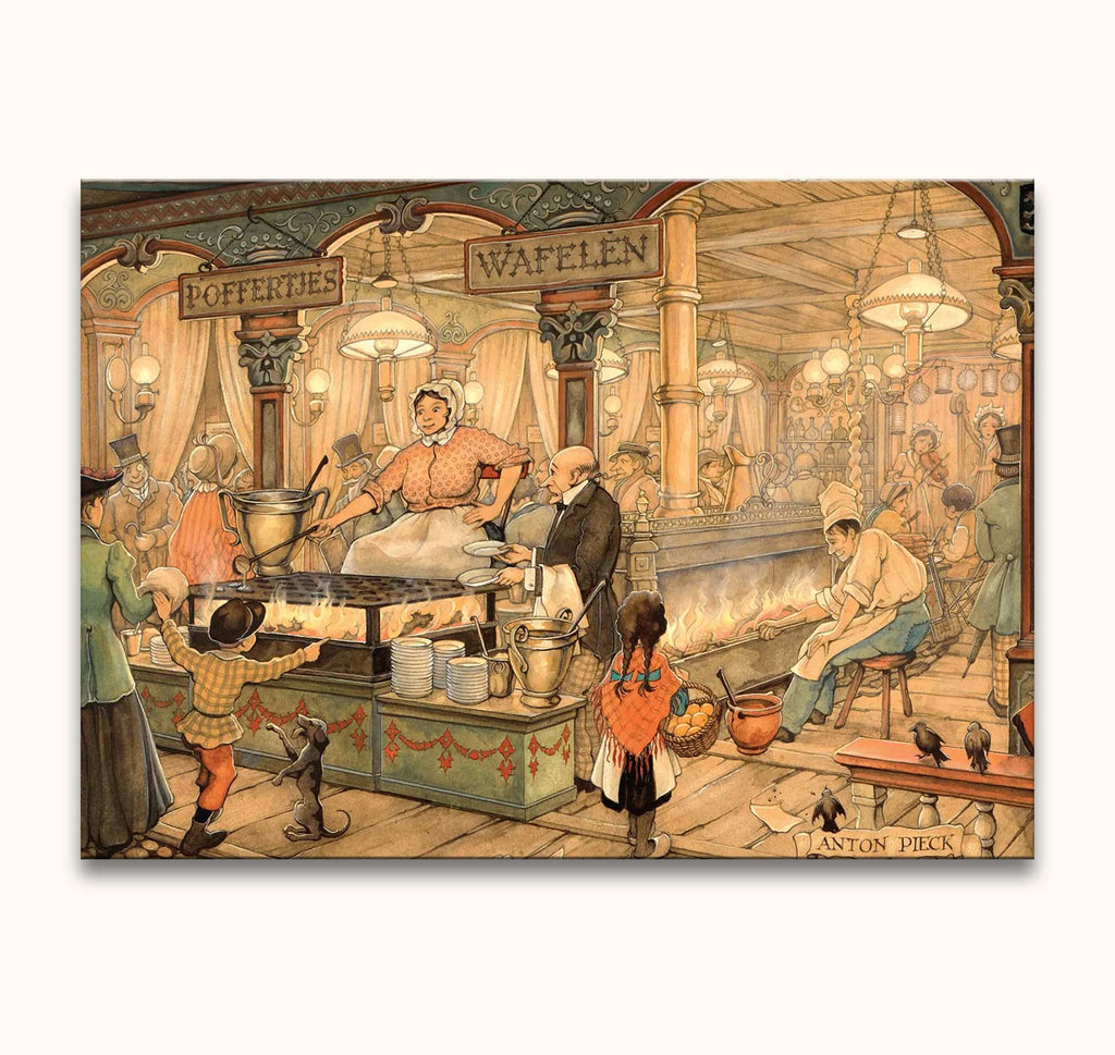 Anton Pieck's Poffertjeskraam depicts a bustling 19th-century Dutch waffle stall with a woman pouring batter, surrounded by children, adults, and a dog.