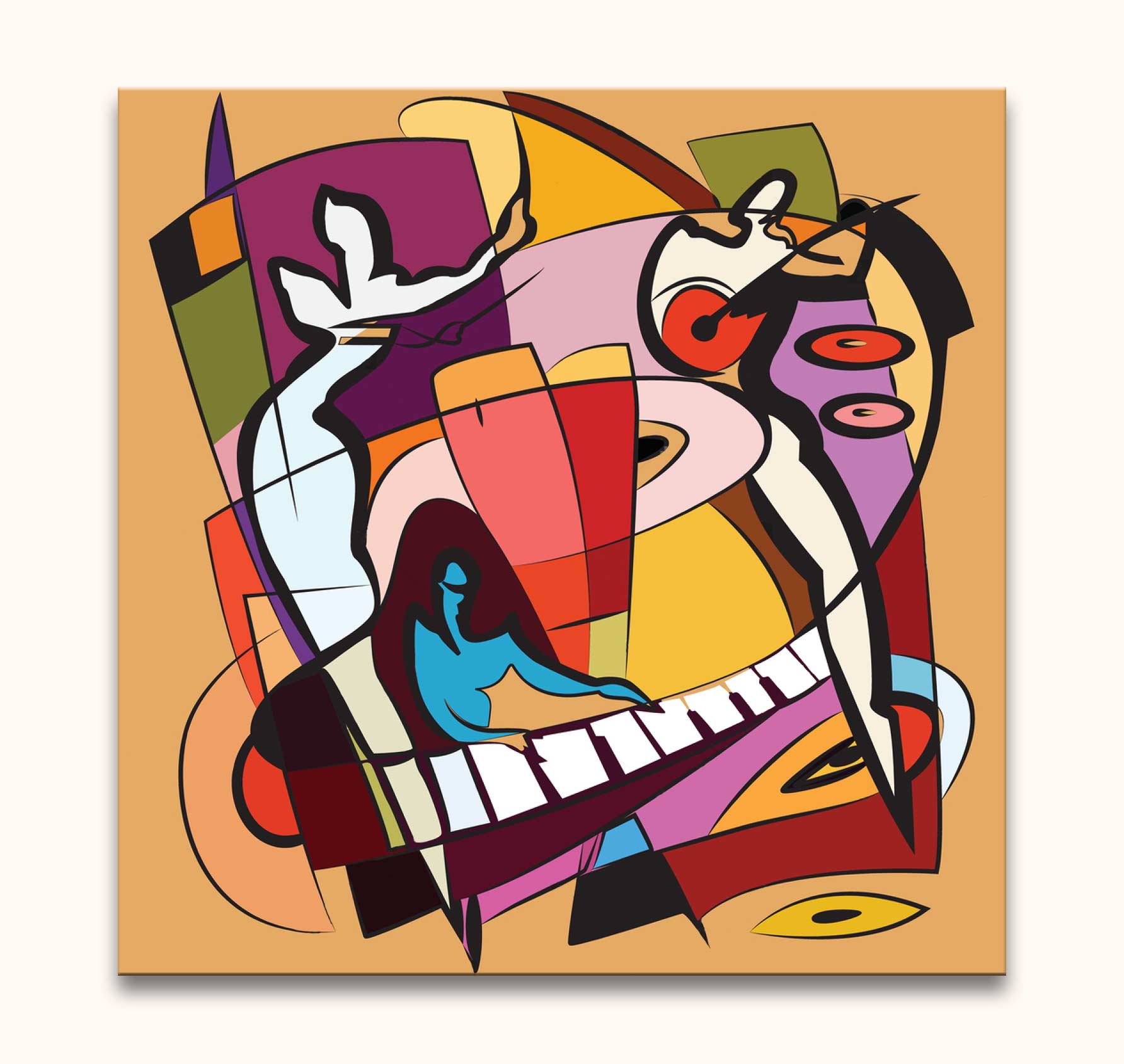 Cubist-inspired painting Picasso signature - Music features stylized figures with instruments in vibrant geometric forms, reflecting musical energy. Ideal for art enthusiasts.