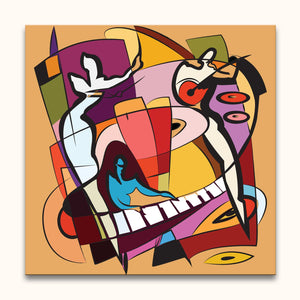 Cubist-inspired painting Picasso signature - Music features stylized figures with instruments in vibrant geometric forms, reflecting musical energy. Ideal for art enthusiasts.