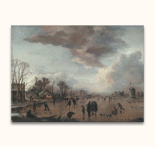 Aert van der Neer - Riviergezicht in de Winter: Villagers skate on a frozen waterway, surrounded by cottages and a windmill. Hand-painted oil on canvas, ready to hang.