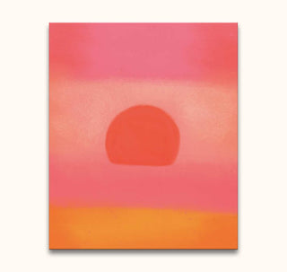Abstract painting titled Andy Warhol Signature - Sunset with horizontal warm hues bands, featuring a semicircular form. High-quality, ready-to-hang pop art piece.
