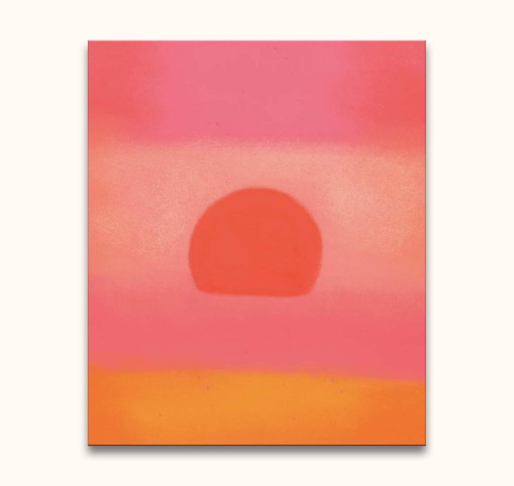 Abstract painting titled Andy Warhol Signature - Sunset with horizontal warm hues bands, featuring a semicircular form. High-quality, ready-to-hang pop art piece.