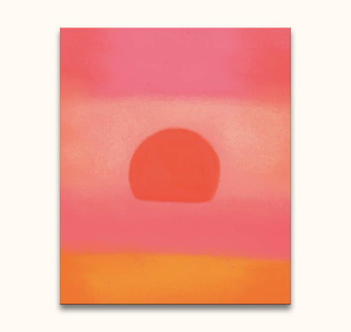 Abstract painting titled Andy Warhol Signature - Sunset with horizontal warm hues bands, featuring a semicircular form. High-quality, ready-to-hang pop art piece.