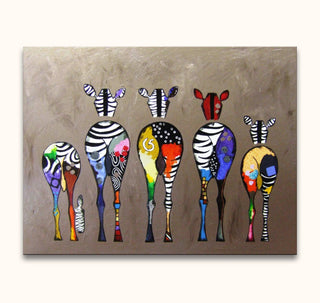 Banksy - Zebra's: Abstract painting of six zebras with colorful, mixed-media designs. Hand-painted on museum-quality canvas, ready to hang, UV-protected.