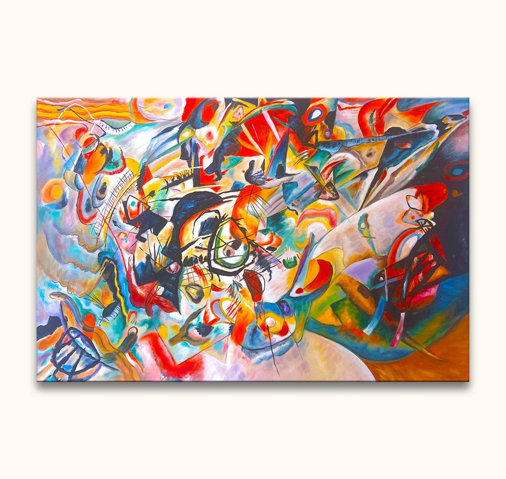 Wassily Kandinsky - Composition VII: A vibrant abstract painting with dynamic brushstrokes and shapes, hand-painted on high-quality canvas, ready to hang, UV-protected.