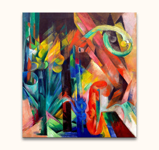 Franz Marc's Bos met Eekhoorns abstract painting, featuring vibrant geometric shapes and swirling forms in vivid colors, hand-painted on museum-quality canvas.