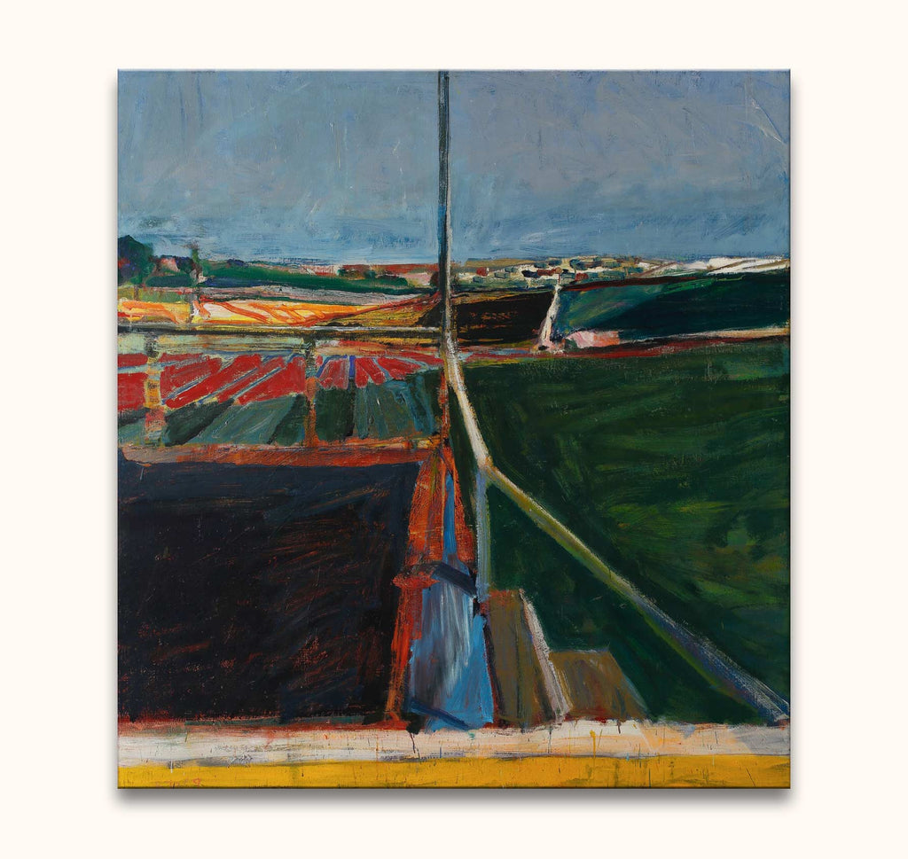Abstract landscape by Richard Diebenkorn, 'View from a Porch'. Expressive brushstrokes depict patchwork fields. Ready to hang, hand-painted, with UV protection.