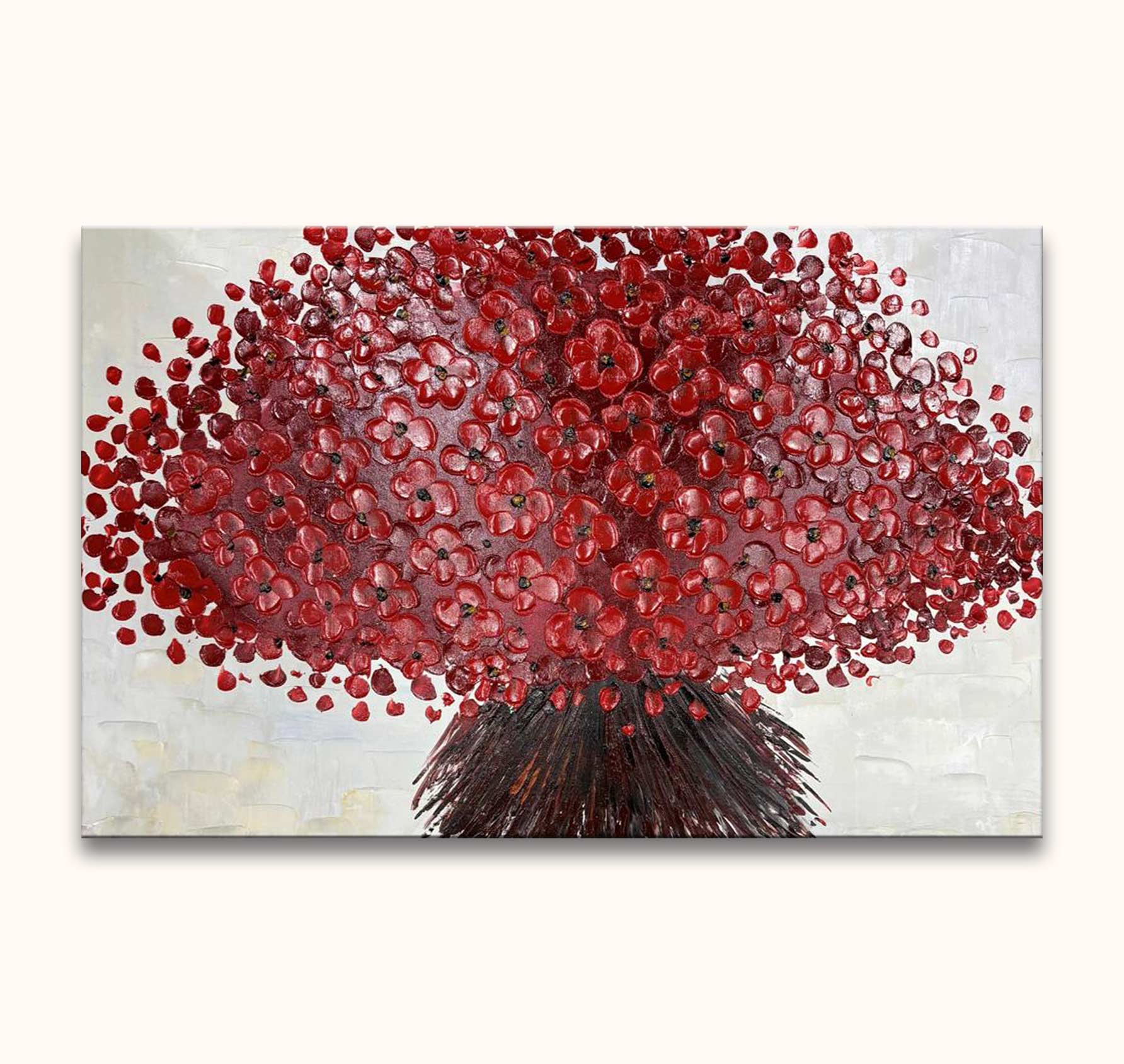 Rode Klaprozen – Dikke olieverf op canvas: Impasto-stijl met dikke rode bloemen, rustieke achtergrond. Geschilderd in moderne paletmes techniek. Geschikt voor interieurontwerp.