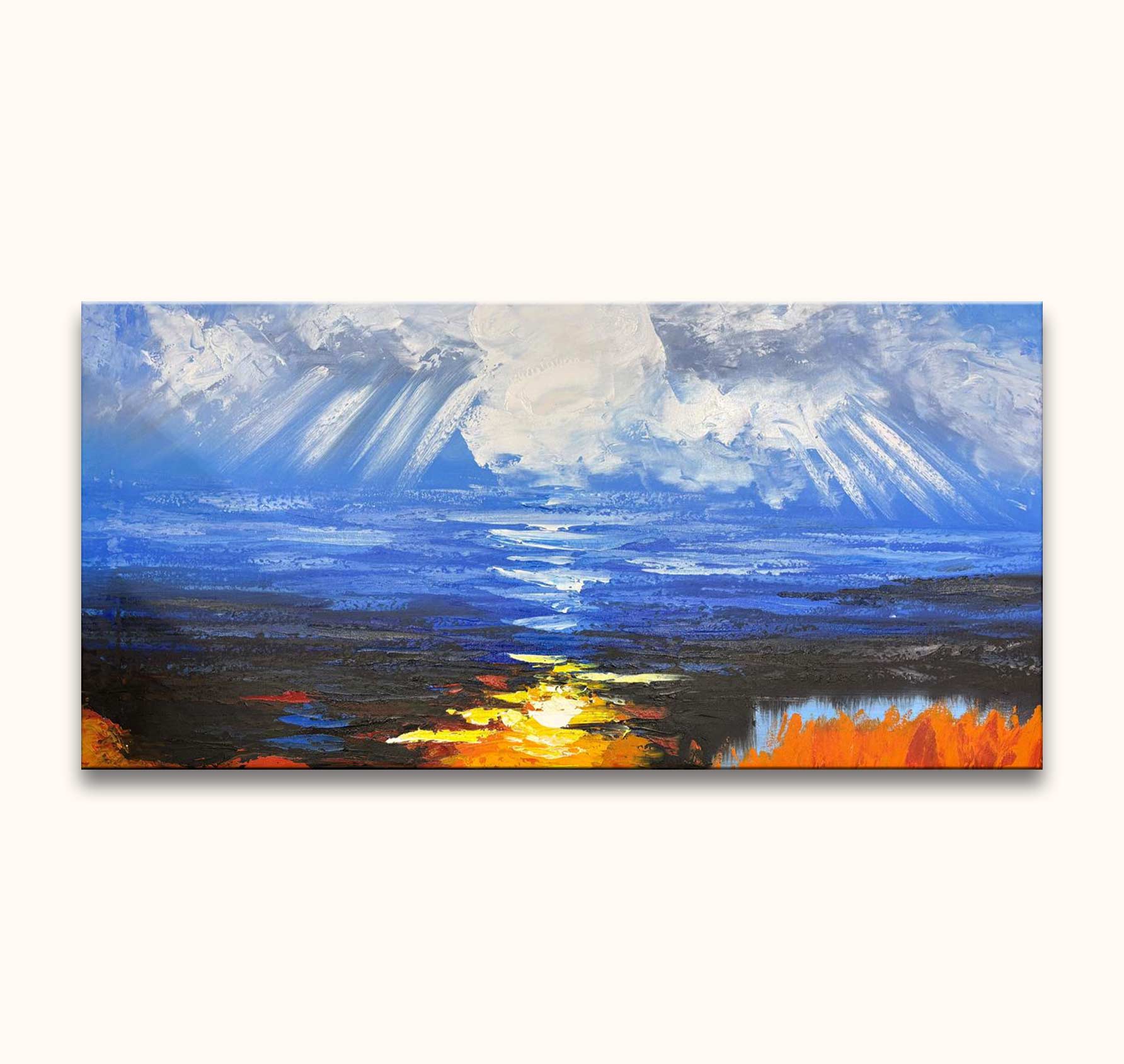 Zeeaanzicht bij Dageraad - Dikke olieverf op canvas: Een expressief schilderij van een zeezicht bij dageraad met dramatische kleuren en moderne paletmes techniek.