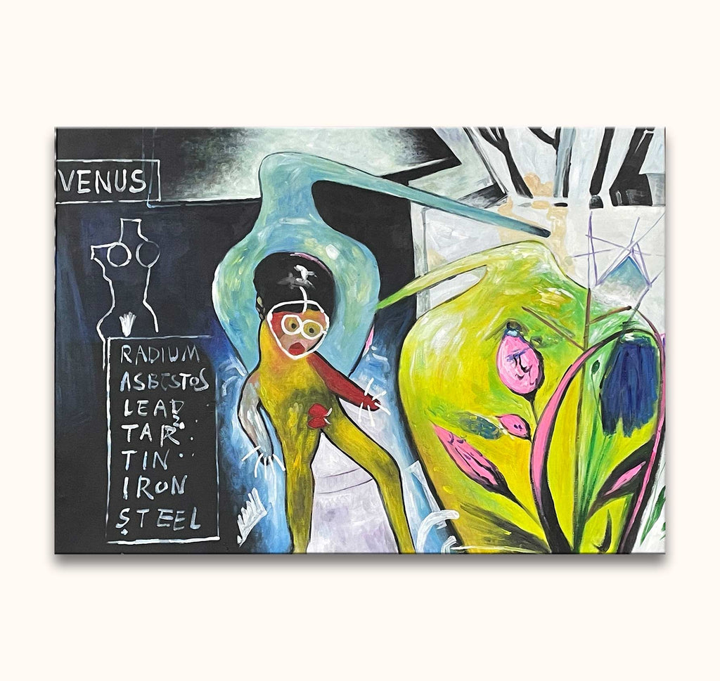 Jean Michel Basquiat - Ex-ringeye: Abstract painting with stenciled VENUS, humanoid figure, and organic forms. Vibrant, expressive neo-expressionist style on canvas.
