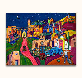 Stylized painting by Jenny Willigrod of a vibrant Southwestern desert village at night, featuring adobe buildings, festive banners, and a cowboy figure with a dog.
