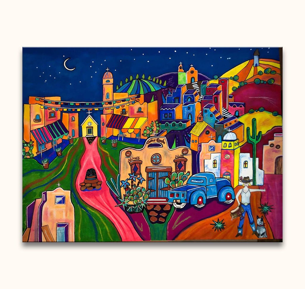 Stylized painting by Jenny Willigrod of a vibrant Southwestern desert village at night, featuring adobe buildings, festive banners, and a cowboy figure with a dog.