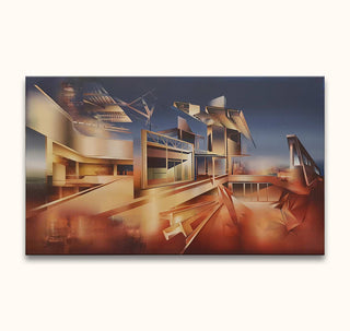 Abstract artwork by Martin Kobe featuring deconstructed architectural forms in warm ochres and dusky blues, hand-painted in vibrant oils on museum-quality canvas.