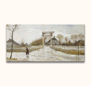 Vincent van Gogh's Ophaalbrug in Nieuw-Amsterdam, an impressionist oil painting depicting a lone figure near a drawbridge and cottage amidst a serene winter landscape.