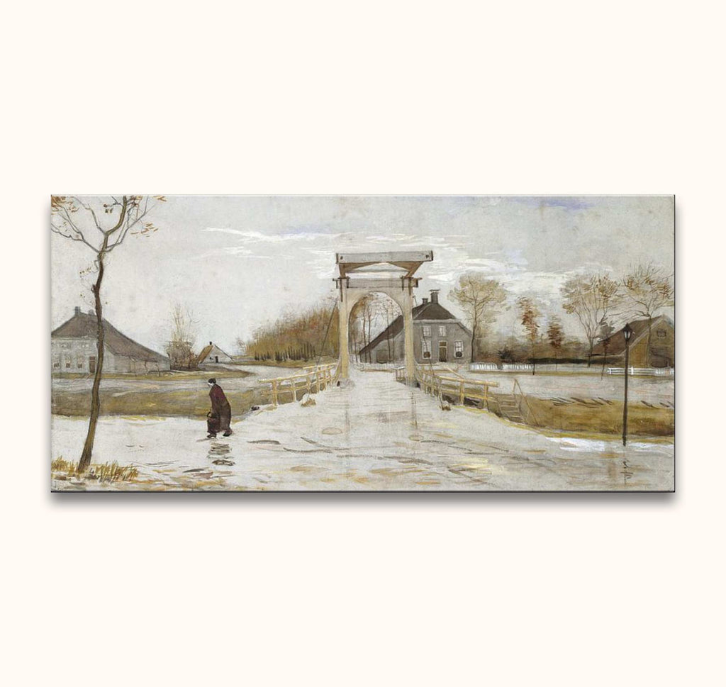 Vincent van Gogh's Ophaalbrug in Nieuw-Amsterdam, an impressionist oil painting depicting a lone figure near a drawbridge and cottage amidst a serene winter landscape.