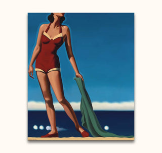 Kenton Nelson's A Standard of Elegance features a woman in a red swimsuit on a beach. A hand-painted pop art masterpiece for interior design.