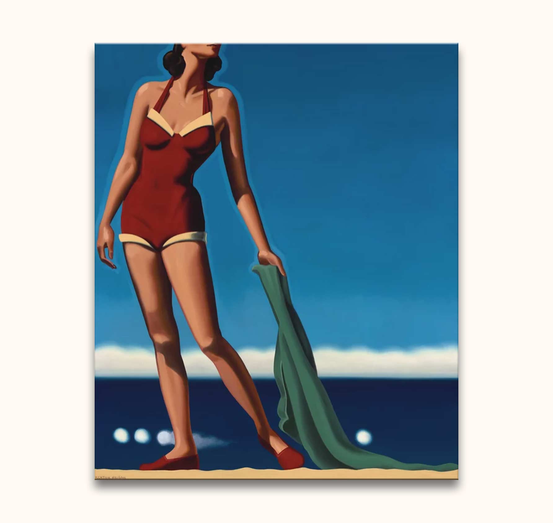 Kenton Nelson's A Standard of Elegance features a woman in a red swimsuit on a beach. A hand-painted pop art masterpiece for interior design.