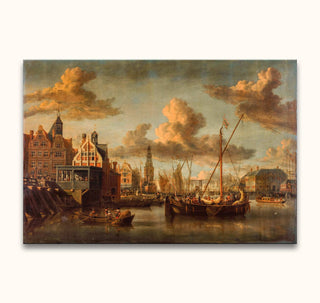 Abraham Storck's Zicht op het IJ showcases a bustling Dutch harbor with boats, workers, and gabled buildings in warm light, perfect for classic art enthusiasts.