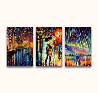 Custom made drieluik Leonid Afremov: three impressionistic oil paintings—canal scene, romantic couple, figures by a lake—ideal for romantic modern art lovers.