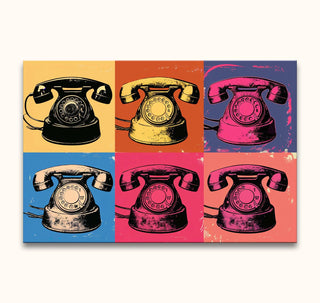 Andy Warhol signature - Telephones: six-panel pop art illustration of rotary phones, hand-painted with oil, ready-to-hang, UV-protected, on museum-quality canvas.