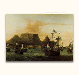 Aernout Smit's Kaap de Goede Hoop captures Dutch ships near Cape Town's early fort, blending romantic realism with historic maritime scenes.